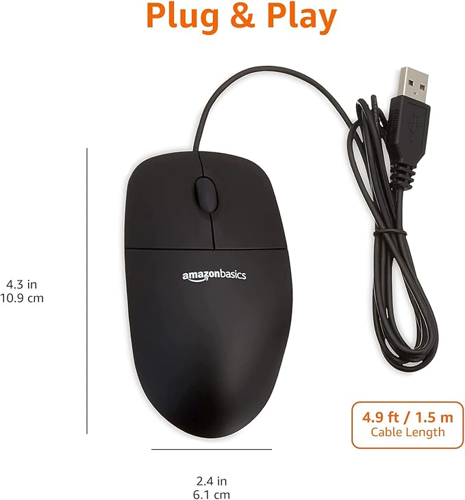 Basics Computer Mouse with 3-button USB cable (black), pack of 1