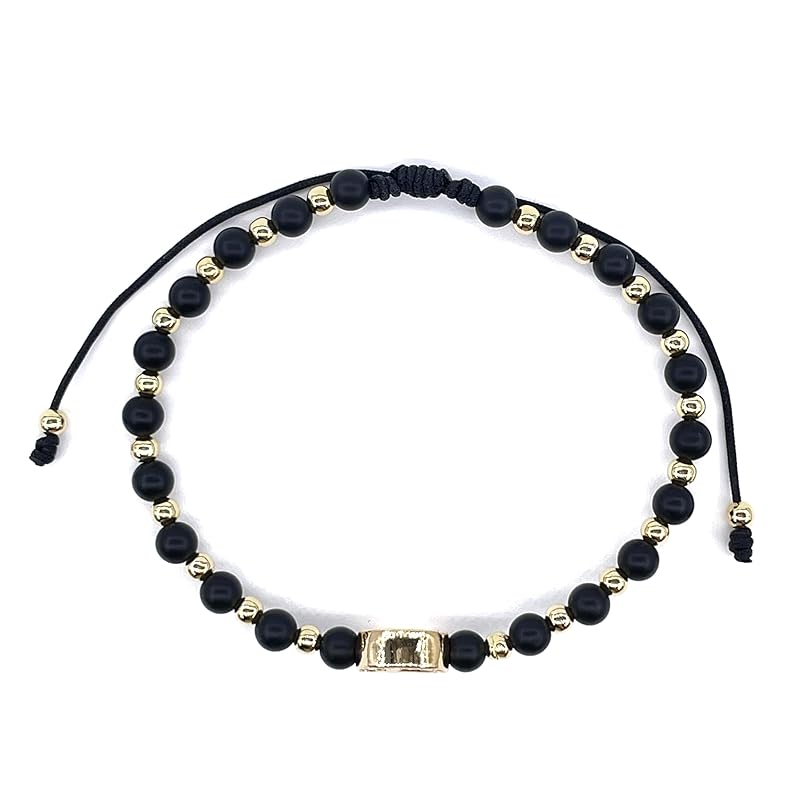 St Benedict Coin and Natural Round Black Onix Beads Adjustable Bracelet for Women (Black Onix)