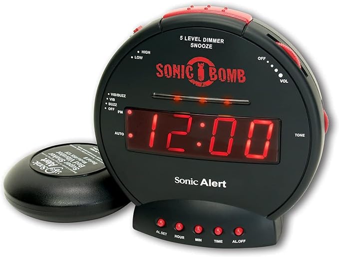 Sonic Bomb Dual Extra Loud Alarm Clock with Bed Shaker, Black Sonic Alert Vibrating, Heavy Sleepers, Battery Backup Wake with a Shake