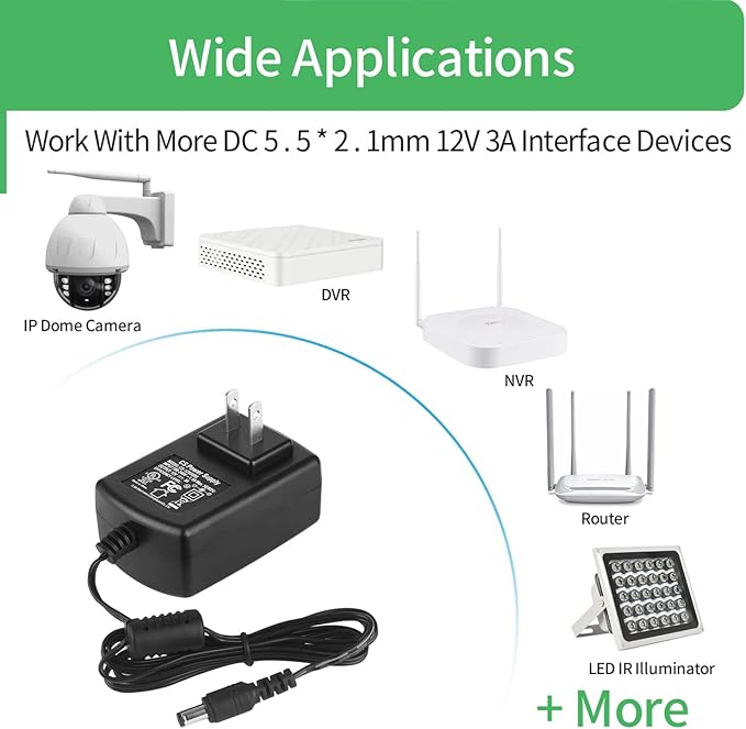 UL Certified AC to DC 12V 3A Power Supply Adapter for CCTV Cameras DVR NVR 5.5mm x 2.1mm UL Listed FCC