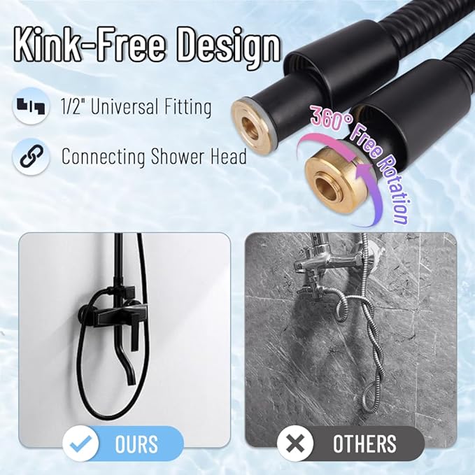 Shower Hose, Thickened Shower Head Hose Replacement, Kink-Free 304 Stainless Steel Handheld Shower Hose Extension, Flexible RV Shower Hose Attachment, 59 Inches, Black