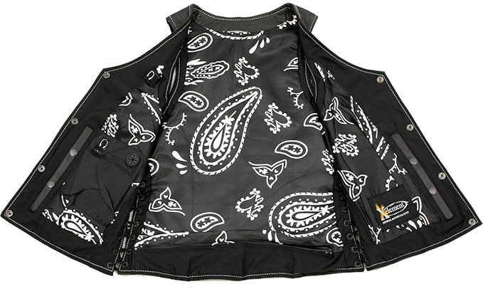 XS1029 Women's 'Paisley' Black Motorcycle Leather Vest with Side Lace Adjustment