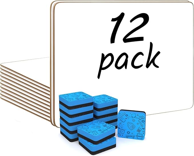 Scribbledo 12 Small White Board Dry Erase Boards Classroom Pack Mini White Boards 9"x12Au Double Sided Personal Whiteboards for Students Teachers School Supplies Lapboards Mini Whiteboard Erasers Incl