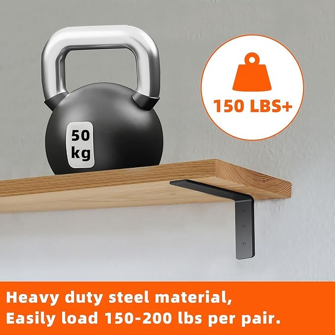 6 Pack Heavy Duty Floating Shelf Brackets, Black Metal L Wall Brackets, DIY Industrial Shelf Brackets - L 6" x H 4" x W 1.6" ( 15 Inch Thicked )