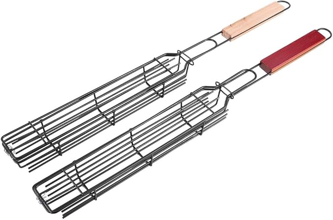 2Pcs Grilling Basket, Bbq Kabob Barbecue Net, Stainless Steel Nonstick Barbecue Mesh Sausage Grill Basket for Hot Dog Kitchentool Picnic Camping