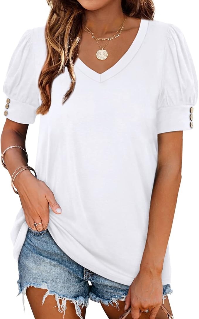 WEESO Summer V Neck Shirts for Women Puffy Short Sleeves Blouses and Tops Dressy Casual Fashion Clothes S-3XL