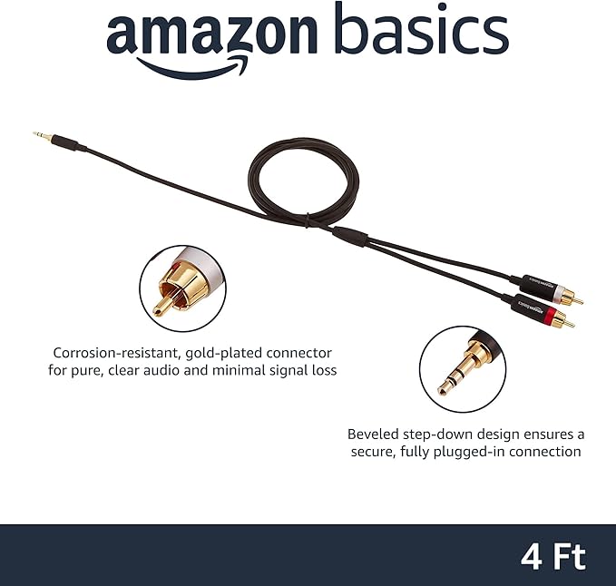 Basics 3.5mm Stereo Aux to 2 x RCA Audio Cable Adapters, 4 Feet1.2 m, for Connecting Amplifiers, Speakers, with Gold-Plated Plugs, Black