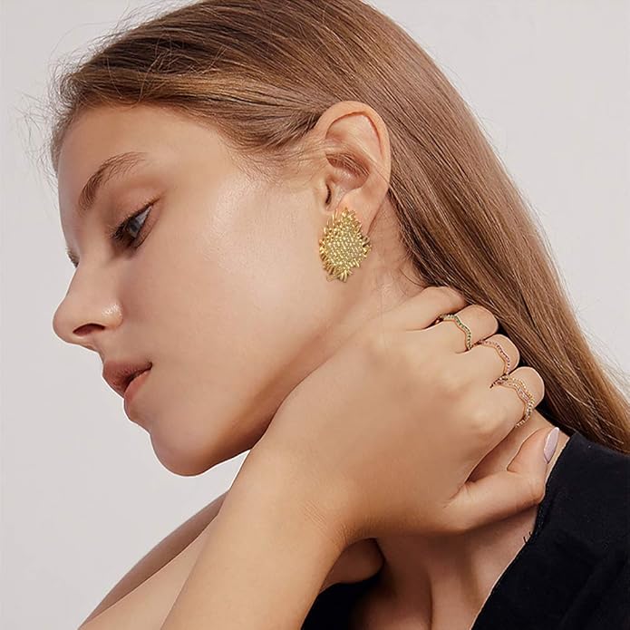 LecAit Gold Statement Earrings for Women,Flat Woven Texture Stud Earrings 925 Sterling Silver Post Hypoallergenic Earrings for Women Girls Jewelry Gifts