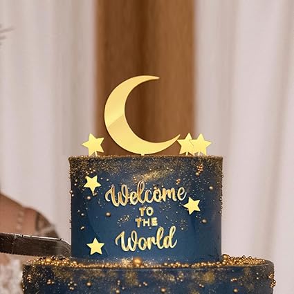 12PCS Moon Star Cake Toppers,Acrylic Mirror Gold"Welcome To The World"Baby Shower Cake Decorations for Over the Moon Baby Shower Wedding Birthday Party