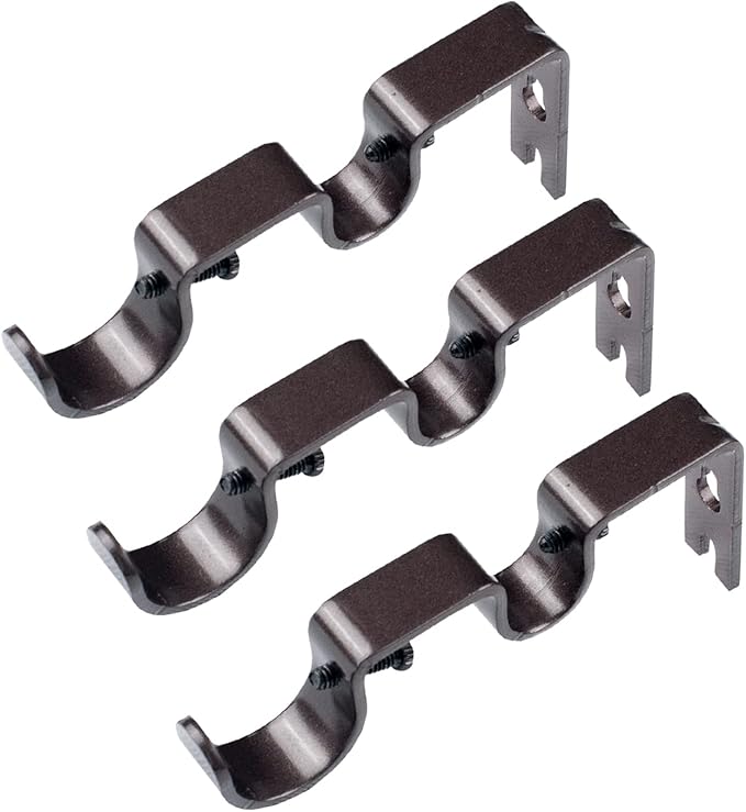 3PCS Double Curtain Rod Brackets, Fits up to 1 and 58 inch Rods, Double Fixed Wall Brackets, Bronze