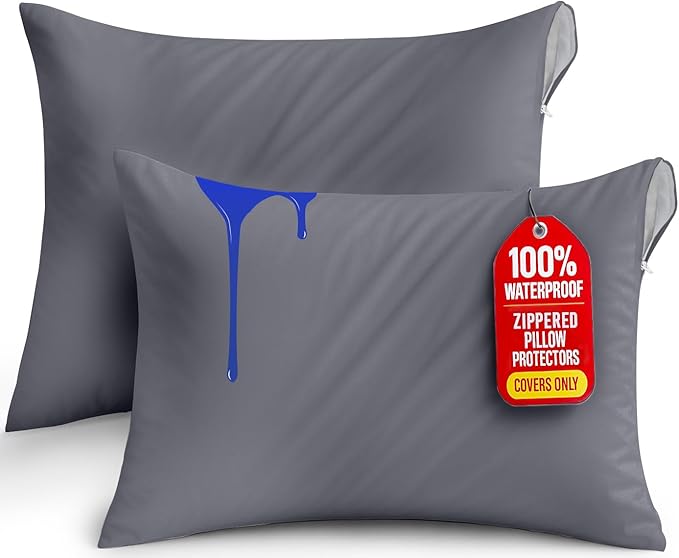 Utopia Bedding Waterproof Pillow Protectors Zippered Queen Size (2 Pack, Gray), Zippered Pillowcases, Bed Bug Proof Pillow Encasement Covers 20 x 28 Inches