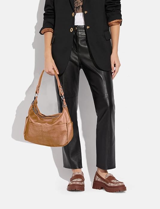 YALUXE Women's Genuine Leather Shoulder Bags Hobo Handbags Purses with Double Zipper Pockets and Crossbody Strap