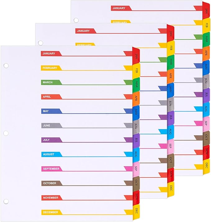 Monthly Dividers for 3 Ring Binder, 12 Month Tabs, Multicolor Month Tabs Binder Dividers - with Table of Contents Page, 3 Set
