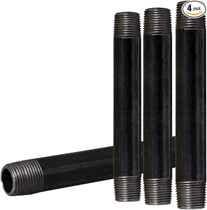 SupplyGiant 3/4 x 8 Inch Steel Black Pipe (4-Pack), Heavy Duty Industrial Malleable Steel Pipes, 3/4" x 8" Pre Cut Threaded Nipple Connector For All DIY Furniture And Black Pipe Shelving