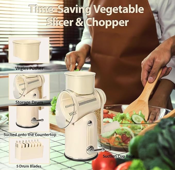 Premium Quality Rotary Cheese Grater with Handle - Kitchen Accessories Cucumber Slicer Vegetable Salad Grater, Vegetable Grater - Cheese Grater (Beige)