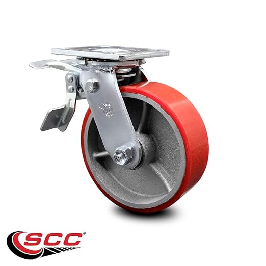 Polyurethane on Cast Iron Swivel Top Plate Heavy Duty Caster with 6 Inch Red Wheel and Total Lock Brake 1,200 lbs. CapacityCaster - Service Caster Brand