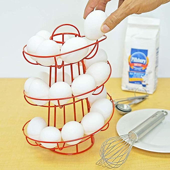Steel Egg Skelter Dispenser Rack,Spiral Egg Holder, Save space, Egg Display Holder, Wire Chicken Egg Storage Organizer,Egg Basket for Countertop Kitchen (Red)