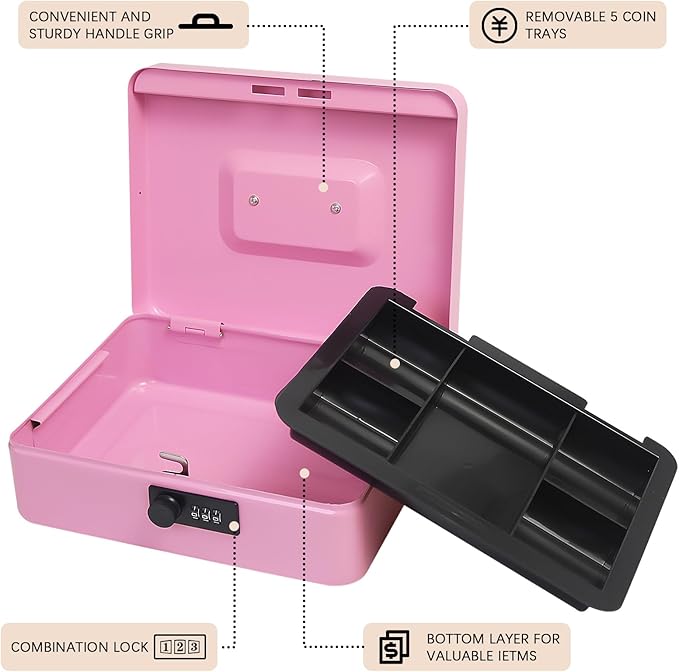 Secure Steel Cash Box with Combination Lock and Removable Tray – Metal Money Organizer for Home and Office Use (Pink - Large)