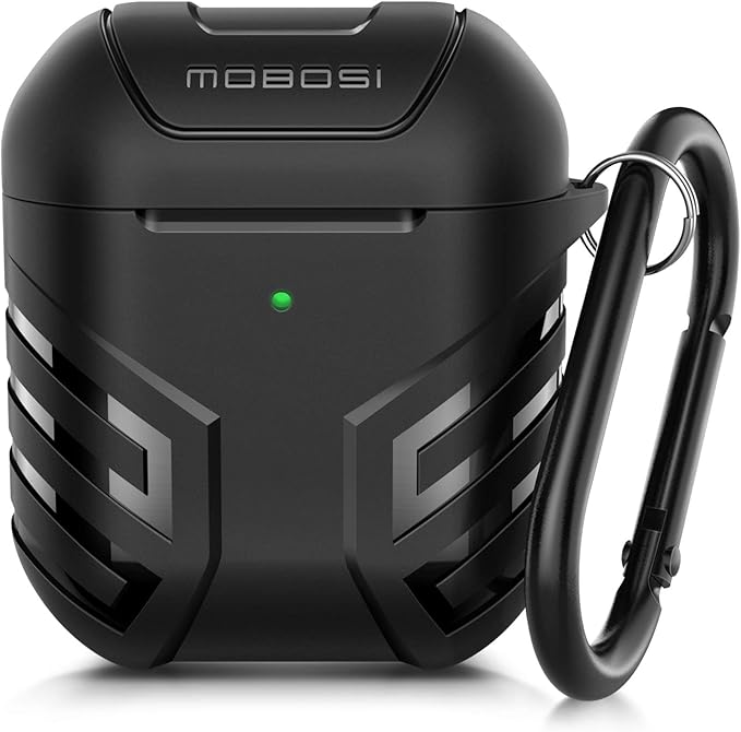 MOBOSI Military Cover Designed for AirPods 2 1, Full-Body Protective Vanguard Armor Series Case with Keychain, Wireless Charging Case, Black Front LED Visible