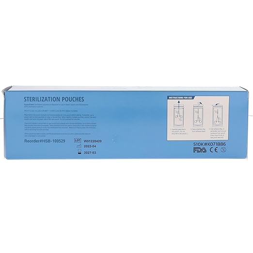 HSB 100529, Self-Seal Sterilization Pouches, Paper/Film, Blue, 2.75" x 9", Triple Seal & Heat Processed, Air-Tight, with Steam Indicator for Complete Sterilization, 200/Bx