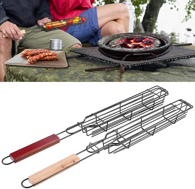 2Pcs Grilling Basket, Bbq Kabob Barbecue Net, Stainless Steel Nonstick Barbecue Mesh Sausage Grill Basket for Hot Dog Kitchentool Picnic Camping