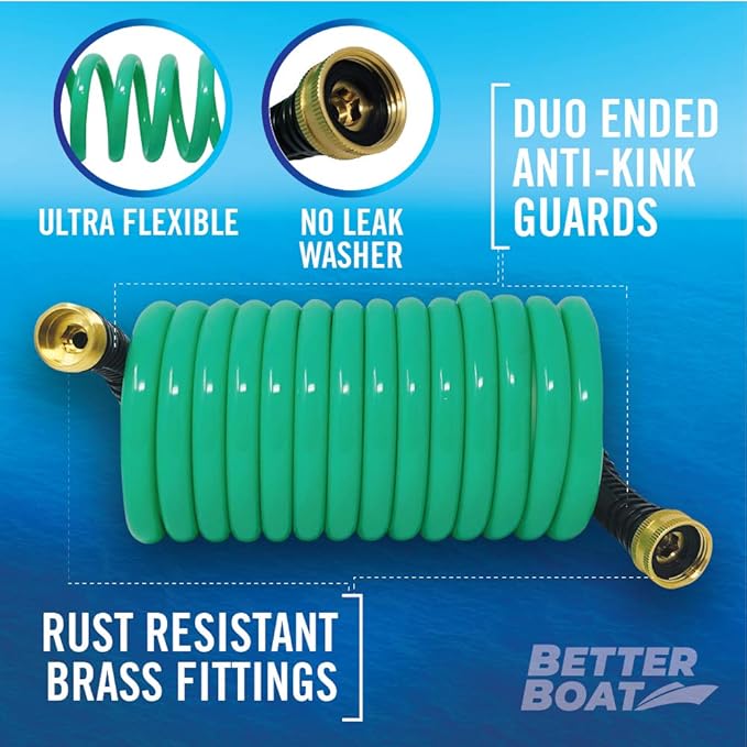 15FT Coiled Boat Hose, Expandable Coil Water Hose, Marine Grade 34 Inch Connectors, Perfect for RV Wash, Garden, and Marine Washdown, Self-Recoil Design, 15 Foot Length