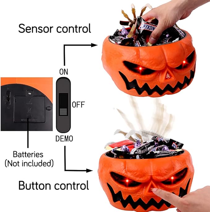 XOYTN XIMISHOP Animated Halloween Skull Bowl, Pumpkin Candy Dish With Creepy Moving Skeleton Hand for Party Decoration