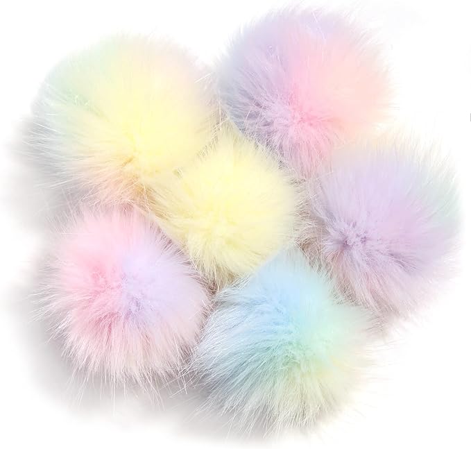 Faux Fur Pom Poms for Knitting Hats Scarves Gloves Bags 2.8 Inch Fluff Pompom Ball with Elastic Loop DIY Keychains Accessories Pack of 6 (Pale Color)