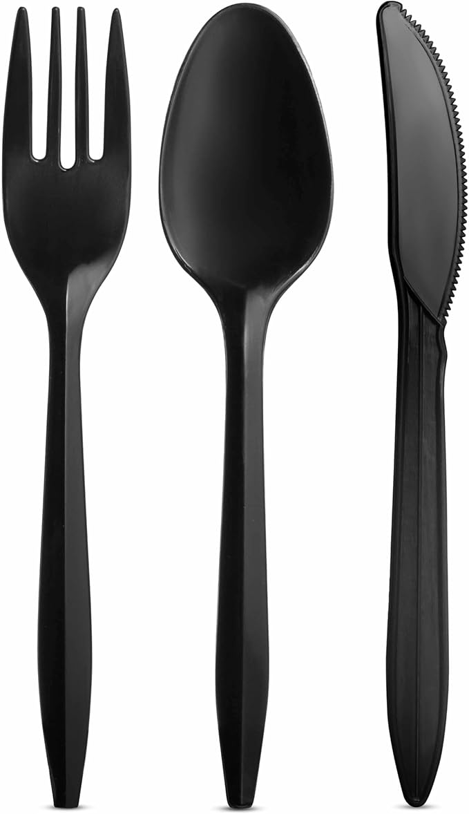1000 Count Black Silverware Set, 334 Forks, 333 Spoons, 333 Knives, Medium Weight BPA Free Disposable Plastic Cutlery Set, Bulk Combo Pack Flatware Set for Party Supplies