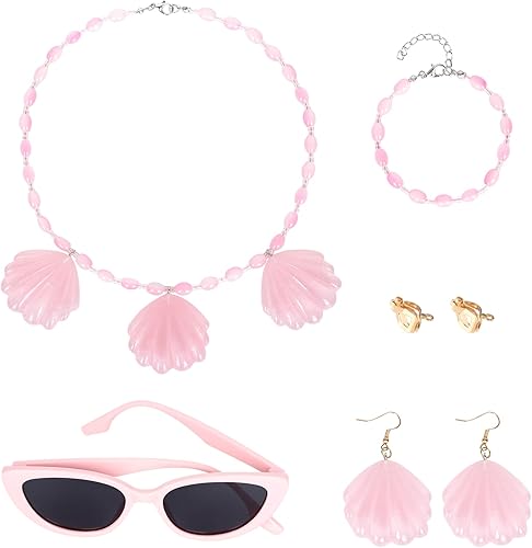 WeKen Women Pink Sunglasses+Shell Necklace+Pink Shell Shape Earrings+Pink Bracelet Set Costume Dress Up Accessories for Women 4 Piece (Wig not Included)