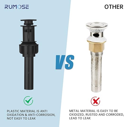 RUMOSE Bathroom Sink Drain with Overflow, Matte Black Pop Up Drain Stopper Lavatory Vanity Vessel Sink Drain, Fits Standard Drain Hole Anti Clog Plastic Pop-up Sink Drain Stopper