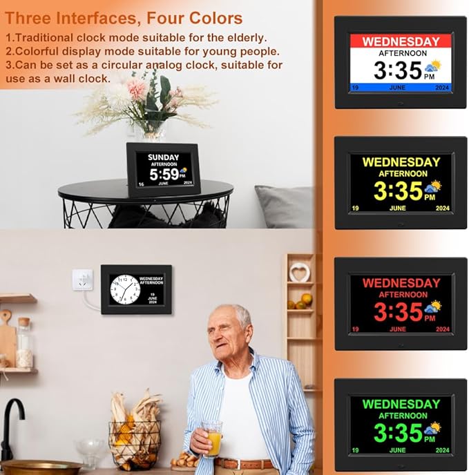 AINFTIME Digital clock with date and day of the week for the elderly-12 alarms, medication reminder, dementia, Alzheimer's, calendar with extra large screen (7 inches, black)