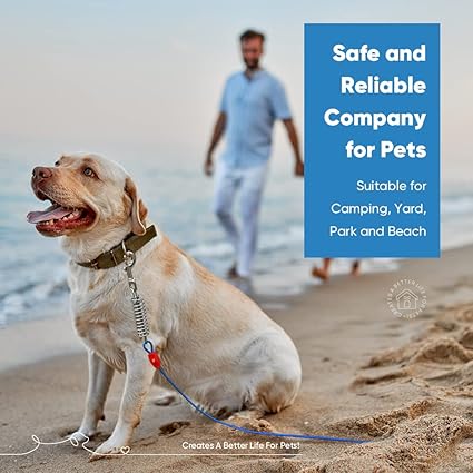 Petbobi Dog Tie-Out Cable 30ft - Outdoor Leash 4mm Metal Cable with Shock Absorbing Spring 360 Swivel Clips, Chain for Dogs Yard Camping, Fit Small Medium Large Pets Up to 120lbs, Blue