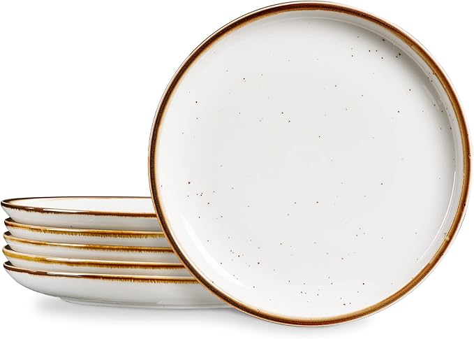 ONEMORE Ceramic Plates Set of 6, 8.5 inch Small Dinner Plates for Appetizer, Salad and Dessert. Oven, Microwave and Dishwasher Safe Plate. Rustic Kitchen Porcelain Dish - Cream White