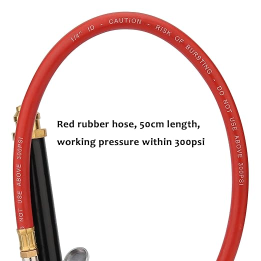 MEASUREMAN Heavy Duty Bayonet Style Tire Inflator, Aluminum Body, 20" Red Hose, Clip On Air Chuck, Aluminum Slide, Range 10-130psikpa