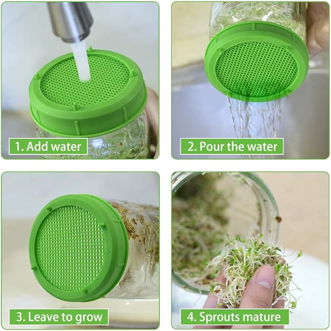 Picowe Plastic Sprouting Lids, Sprouting Jar Strainer Lid, for 86mm Wide Mouth Mason Jars, Canning Jars, Suit for Grow Bean Sprouts, Alfalfa, Salad Sprouts(8 Pack,Green)