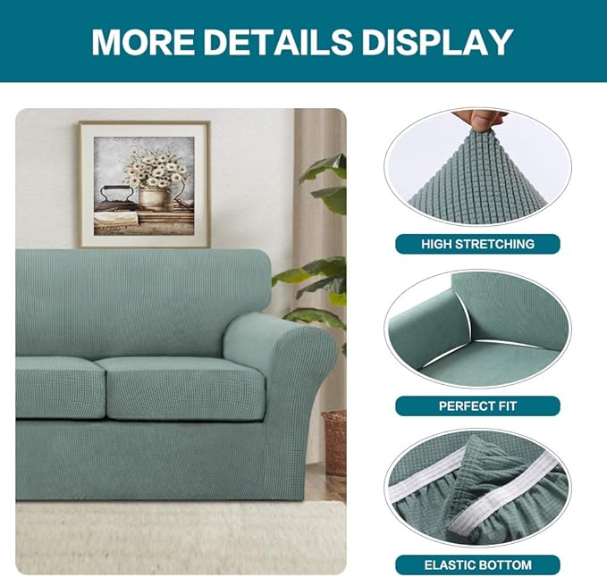 Turquoize 3 Piece Sofa Covers for 2 Cushion Couch Sofa Slipcover Soft Couch Cover for Dogs-Washable Sofa Furniture Covers with 2 Individual Cushion Covers, Jacquard Fabric (Loveseat, Dark Cyan)