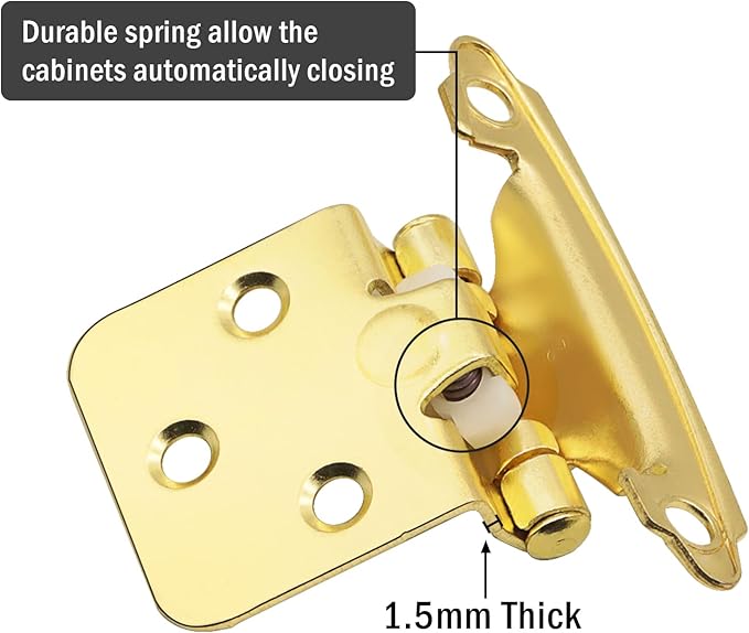 12" Overlay Kitchen Cabinet Door Hinges, 6 Pack (3 Pairs) Brass Gold Self Closing Cabinet Hinge Hardware for Kitchen Cabinet Doors