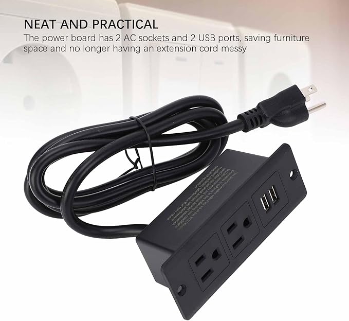 Recessed Power Strip Desktop 2 AC Outlets 2 USB Ports Embedded Design for Furniture Space Saving 1.5m Cord US Plug 125V for Furniture Installation (Black)