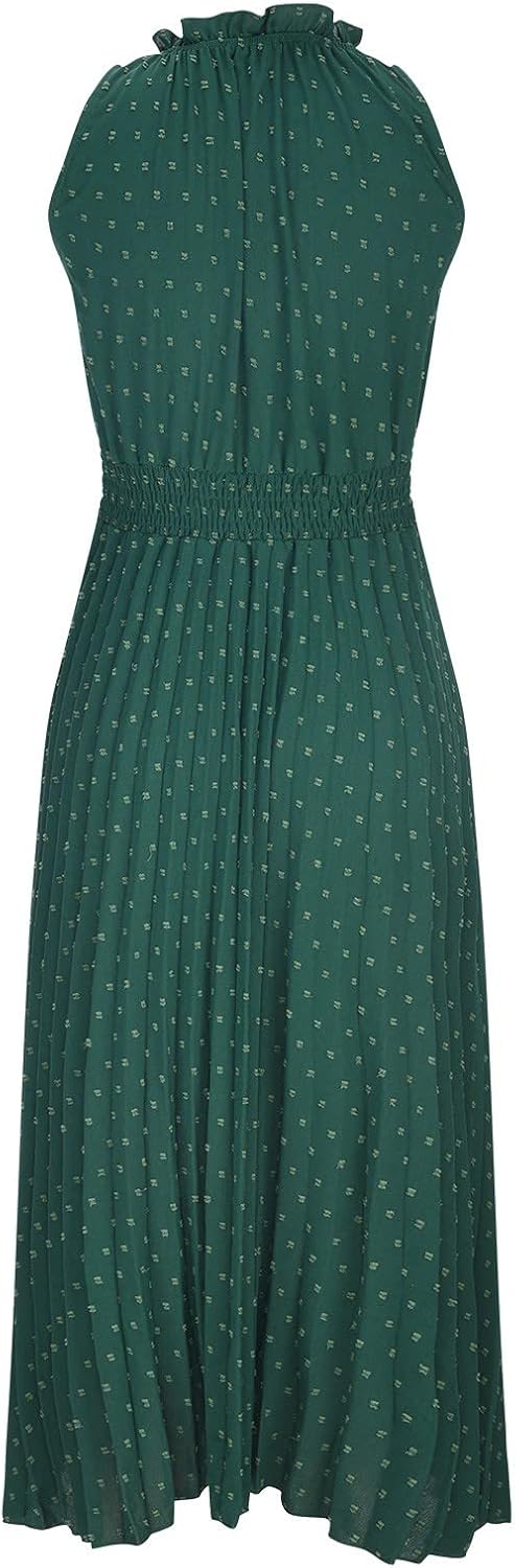 Women Summer Casual Sleeveless Tank Dress Casual V-Neck Tie Pom Poms Sundress Smocked Waist Flowy Maxi Beach Dresses