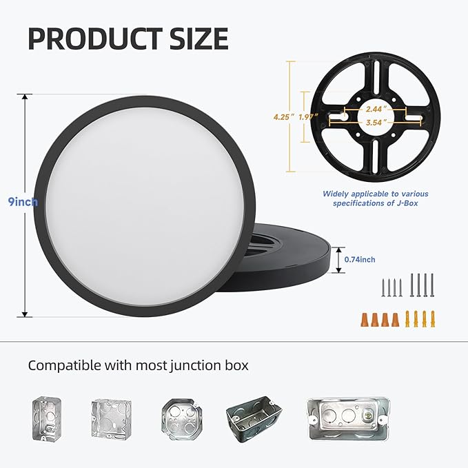 ECOELER Black Slim LED Ceiling Light, 9inch 5CCT Selectable Surface Mount Round Flat Panel Light, 24W 1800Lm, Close to Ceiling Light Fixtures for Kitchen, Bedroom, Laundry, 4 Pack