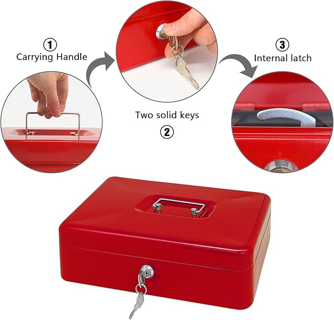 Steel Cash Box with Key Lock, Metal Small Money Organizer with Money Tray,Cash Storage Box with Lockable Cover (Red - 12 inch)