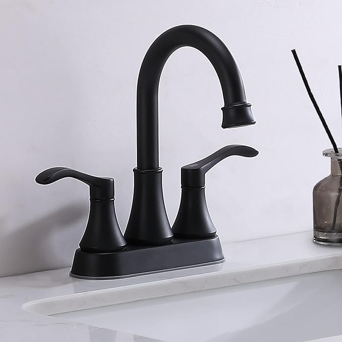 Matte Black Bathroom Sink Faucet, 2-Handle 4 Inch Centerset Lead-Free Modern Commercial, 360 Swivel High-Arc Spout Lavatory Vanity Faucets Set for Bathroom Sink with Pop-up Drain Water Hoses