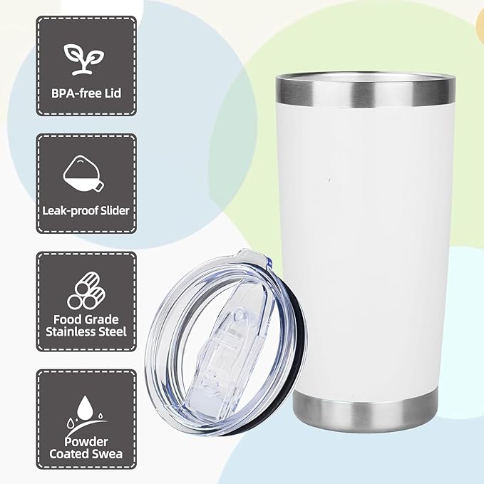 20oz Tumbler with Lid Stainless Steel Insulated Tumblers Travel Coffee Tumbler Bulk Double Wall Vacuum Insulated Water Cup Christmas Gifts for Women Men Her Him Home Office (White, 1pack)