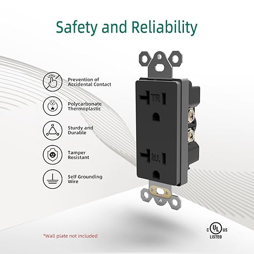 20A Heavy-Duty Duplex Receptacle, Wall Standard Electrical Outlet, Residential Grade, Tamper-Resistant, 2 Pole 3 Wire, Self-Grounding, Child Proof, UL Listed, Black, 9 Pack