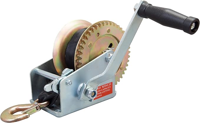 BIG RED ATRT1161SR Torin 1600lbs Capacity Heavy Duty Steel Cable Manual Hand Crank Winch with 32.8ft Nylon Strap and Two-Way Ratchet, for Boats, Trailers, Trucks, ATVs