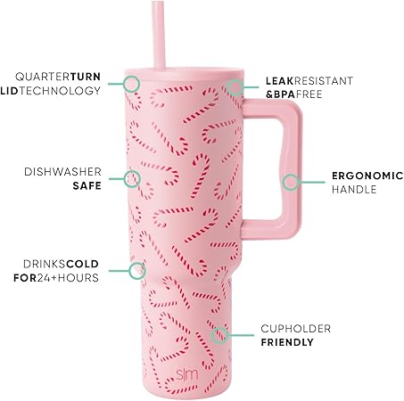 Simple Modern 40 oz Tumbler with Handle and Straw Lid Insulated Reusable Stainless Steel Water Bottle Travel Mug Cupholder Friendly Gift for Women Men Trek Collection Pink Candy Cane Toss