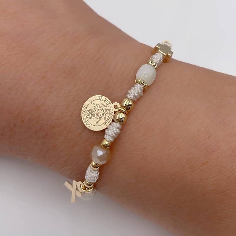 St Jude Thaddeus Blessed Bracelet for Health Pray Saint of Hope and Impossible Causes Pulsera de San Judas Adjustable Religious Jewelry for Women and Teenagers (Ivory)