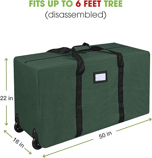 ProPik Rolling Christmas Tree Storage Bag, Fits Up to 7.5 Ft. Tall Disassembled Holiday Tree, 22" x 16" x 50", Large Heavy Duty Xmas Storage Container with 2 Wheels & Handles, 600D Oxford (Green)