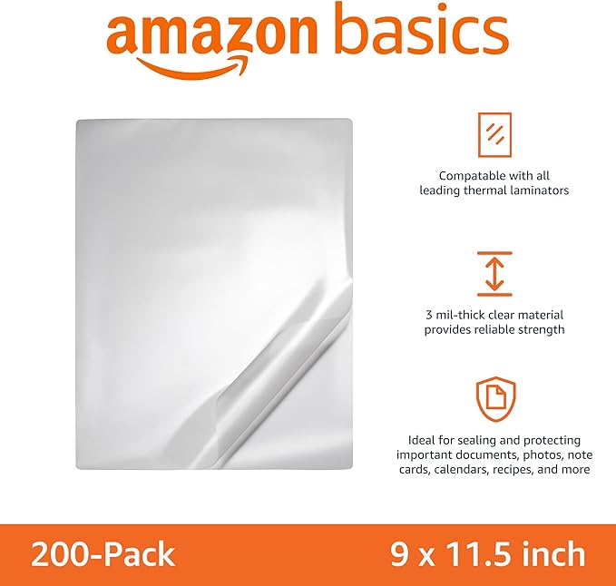 Basics Clear Thermal Laminating Plastic Paper Laminator Sheets, 9 x 11.5-Inch, 200-Pack, 3mil